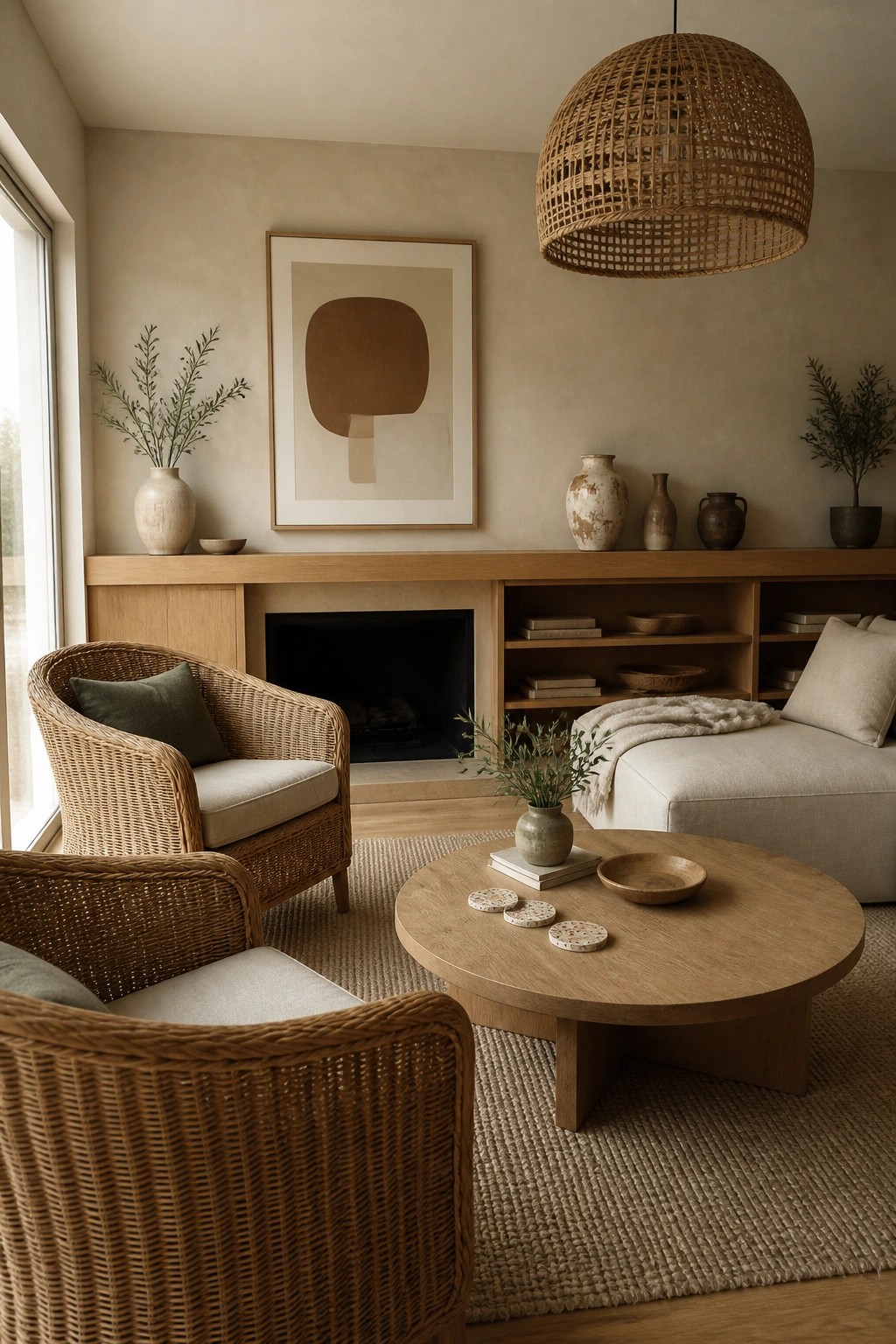 Cozy neutral living room with wicker chairs, round wooden table, fireplace, and woven pendant light.