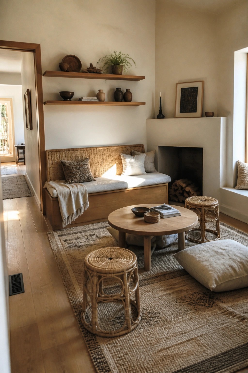 A living room corner showing a light oak built-in bench with a woven rattan backrest, round wooden coffee table, rattan stools, and neutral textiles on a large woven rug.
