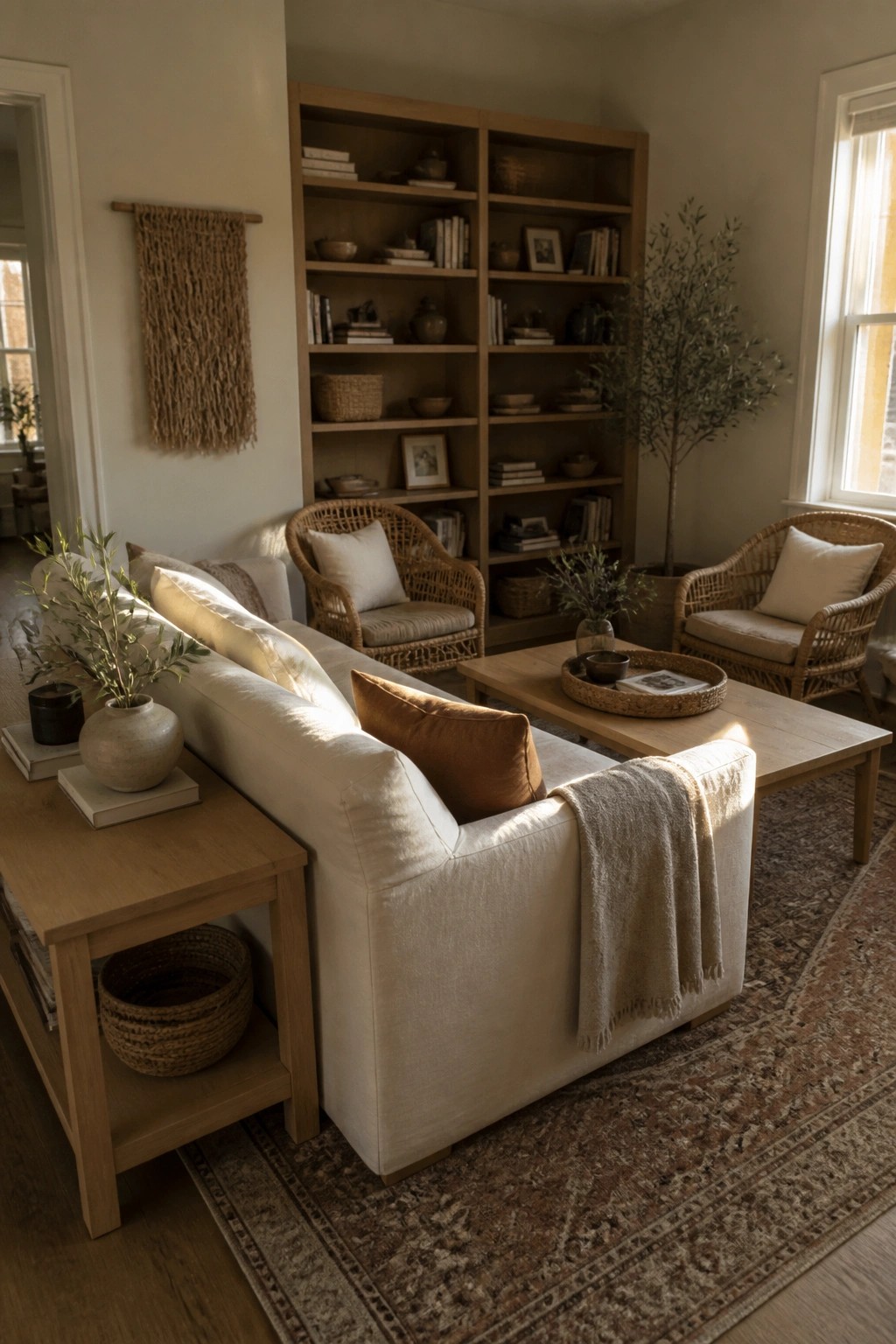 A living room featuring a white sofa, light wood coffee table, two rattan armchairs, and a large built-in light oak bookshelf against the back wall.