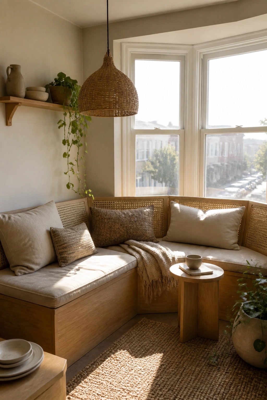 Corner window bench made of light oak with rattan panels, neutral cushions, and a small round wooden side table in front of large windows.