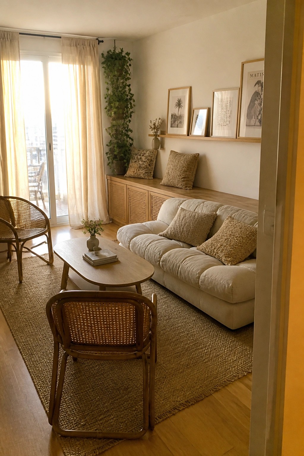 Bright living room with beige sofa, rattan chairs, wooden table, and hanging plant.