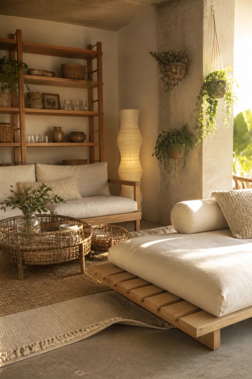 A bright living room with light oak daybed and shelving unit, rattan coffee table, woven rugs, and hanging plants against concrete walls.