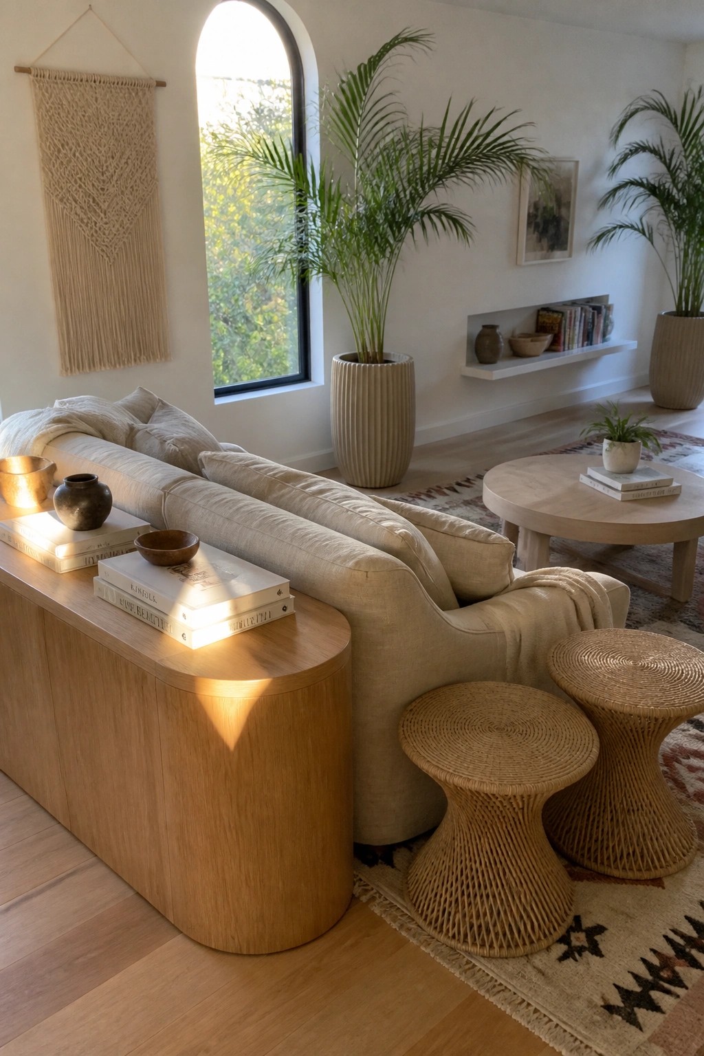 A living room with a light oak console table beside a beige sofa, two woven rattan stools on a patterned rug, and several potted palm plants near a tall arched window.