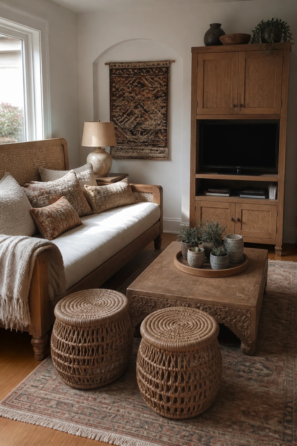 Cozy neutral living room with wooden daybed, coffee table, woven stools, and TV cabinet.