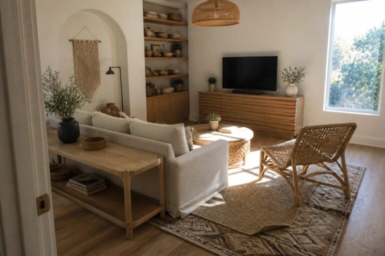 A living room featuring a rattan rocking chair in the foreground, a round light oak coffee table, a light-colored sectional sofa, and built-in shelves with woven baskets.