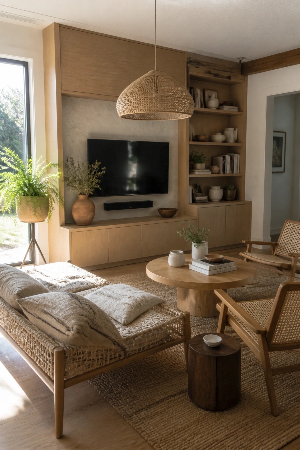 Warm living room with woven pendant light, wooden TV console, and rattan furniture.