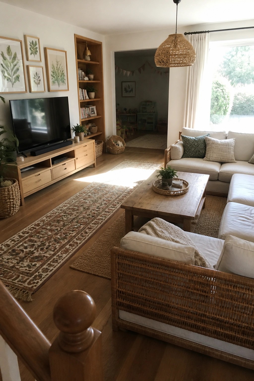A bright living room with white sofas, a rattan armchair, light oak TV console and tall bookshelf, wooden coffee table, patterned rugs, and a woven pendant light.