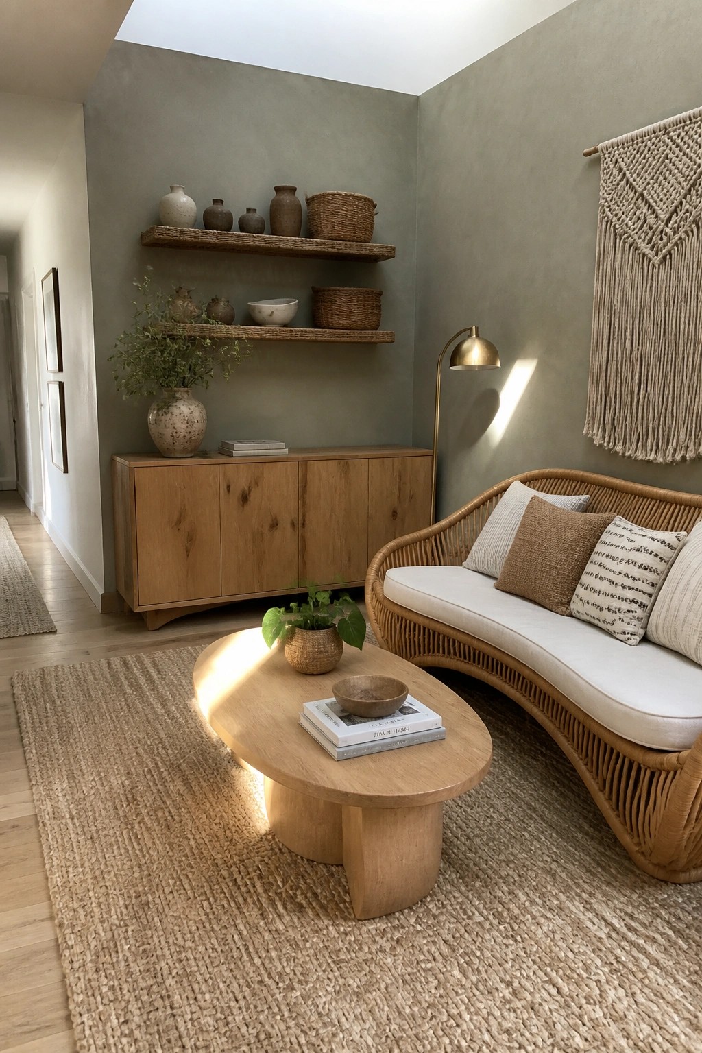 Living room with curved rattan sofa, light oak coffee table and sideboard, floating wood shelves holding baskets and pottery, and a macrame wall hanging.