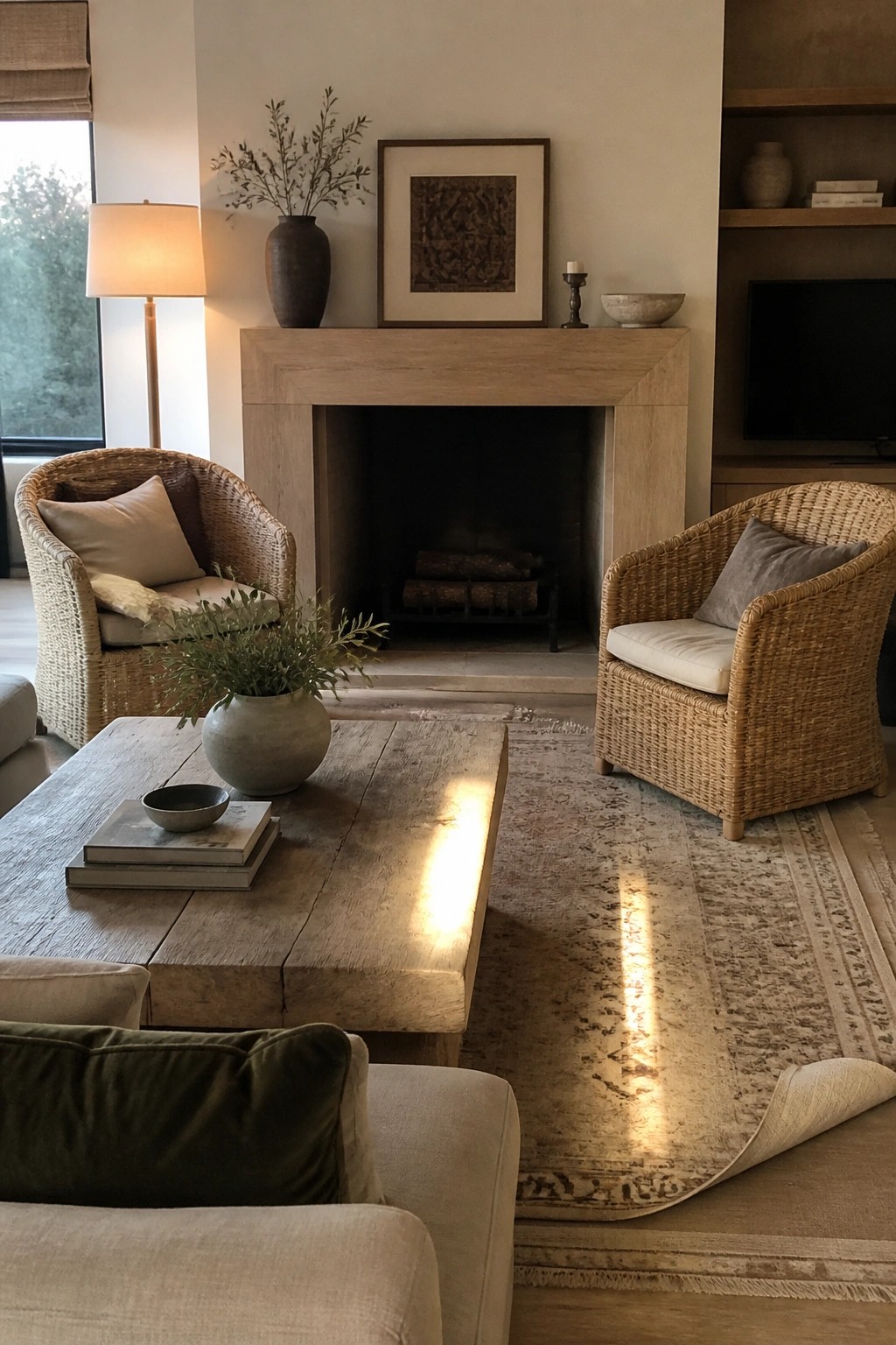 Living room with two rattan armchairs, a light oak coffee table, and a light oak fireplace mantel.