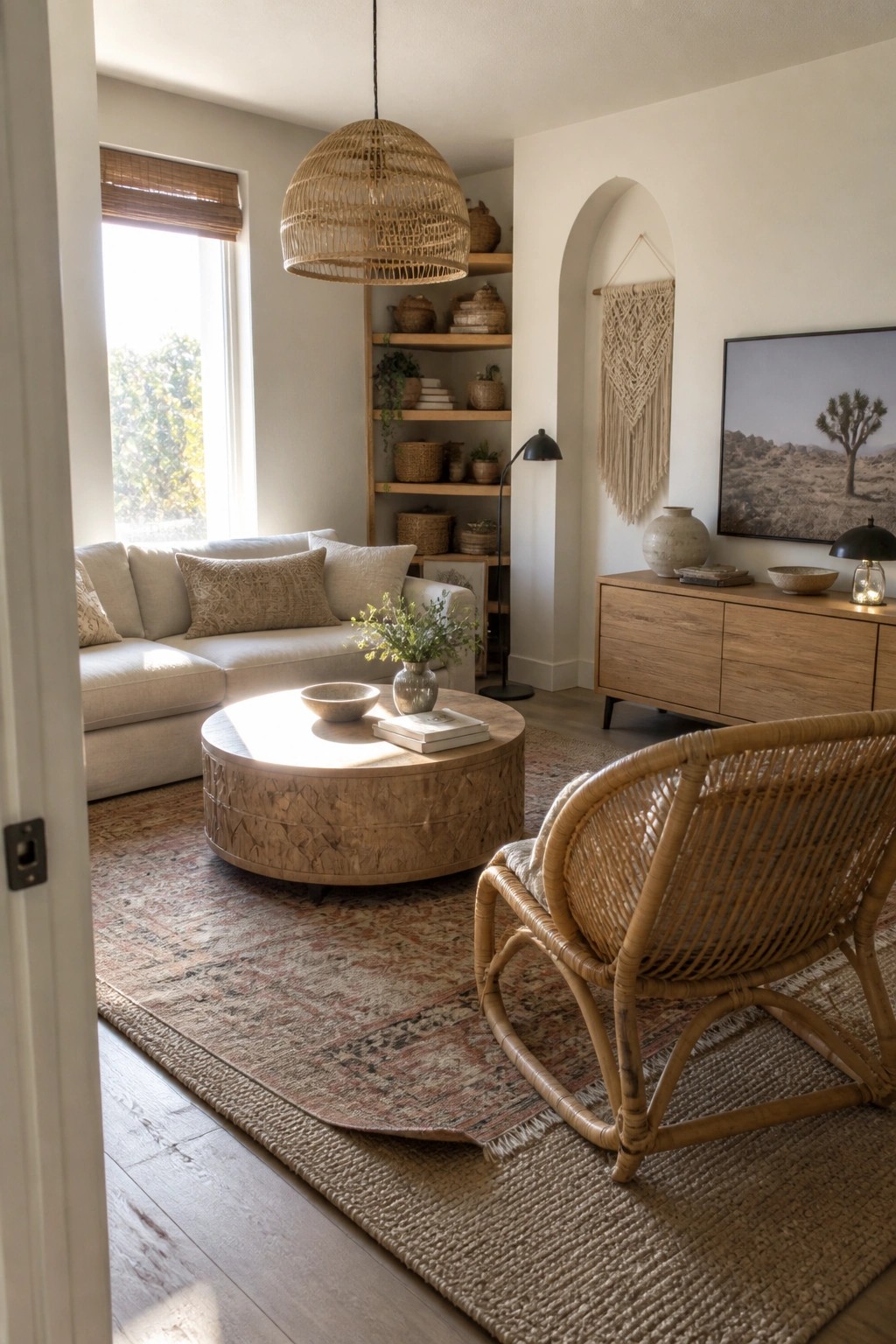A living room featuring a rattan rocking chair in the foreground, a round light oak coffee table, a light-colored sectional sofa, and built-in shelves with woven baskets.