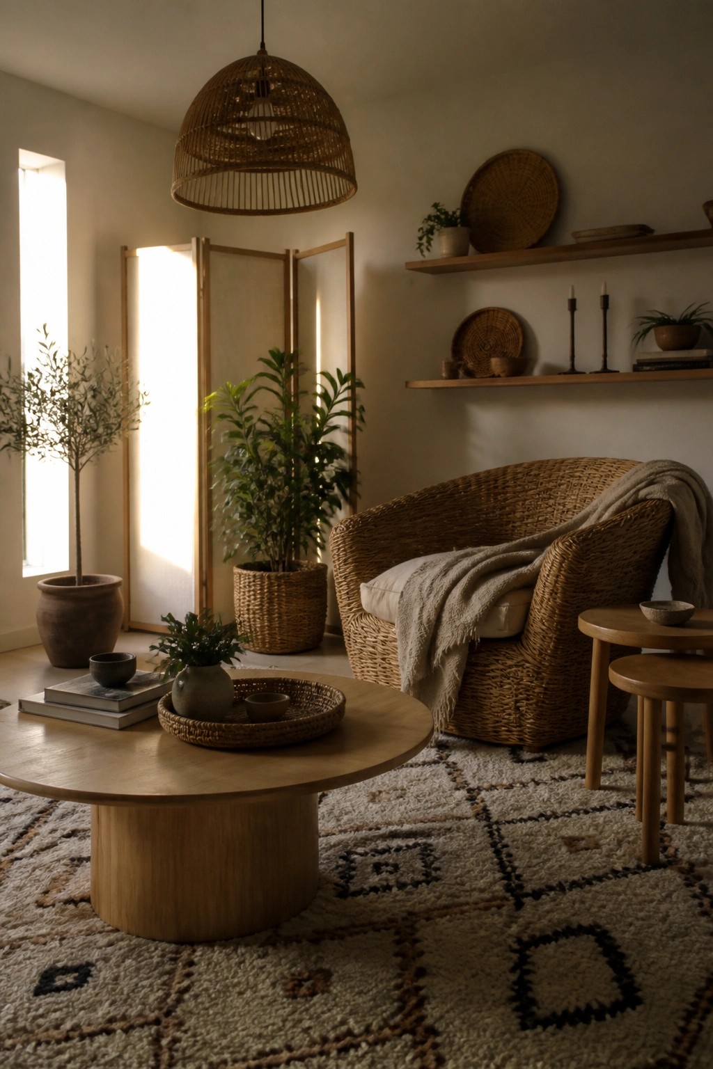 A living room with a large woven rattan armchair beside a round light oak coffee table on a patterned rug, surrounded by potted plants and wooden folding screens.