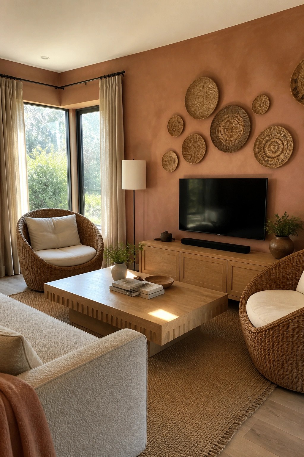 A living room featuring two rattan chairs with white cushions, a light oak coffee table on a woven rug, and a light oak media console against a terracotta wall decorated with round woven baskets.