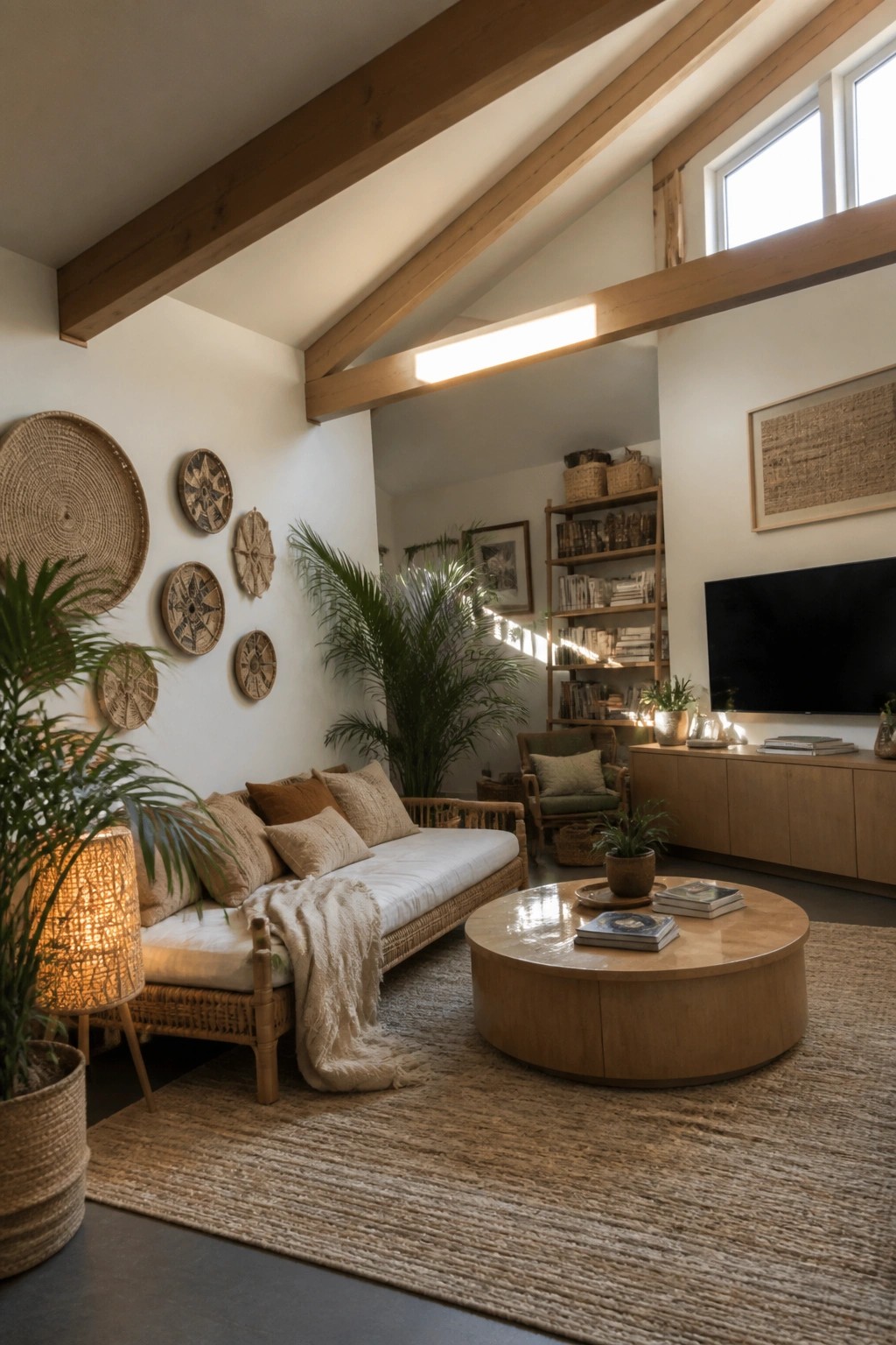 A living room with a rattan sofa, round light oak coffee table, woven wall hangings, potted palms, and a jute rug under bright wooden beams.