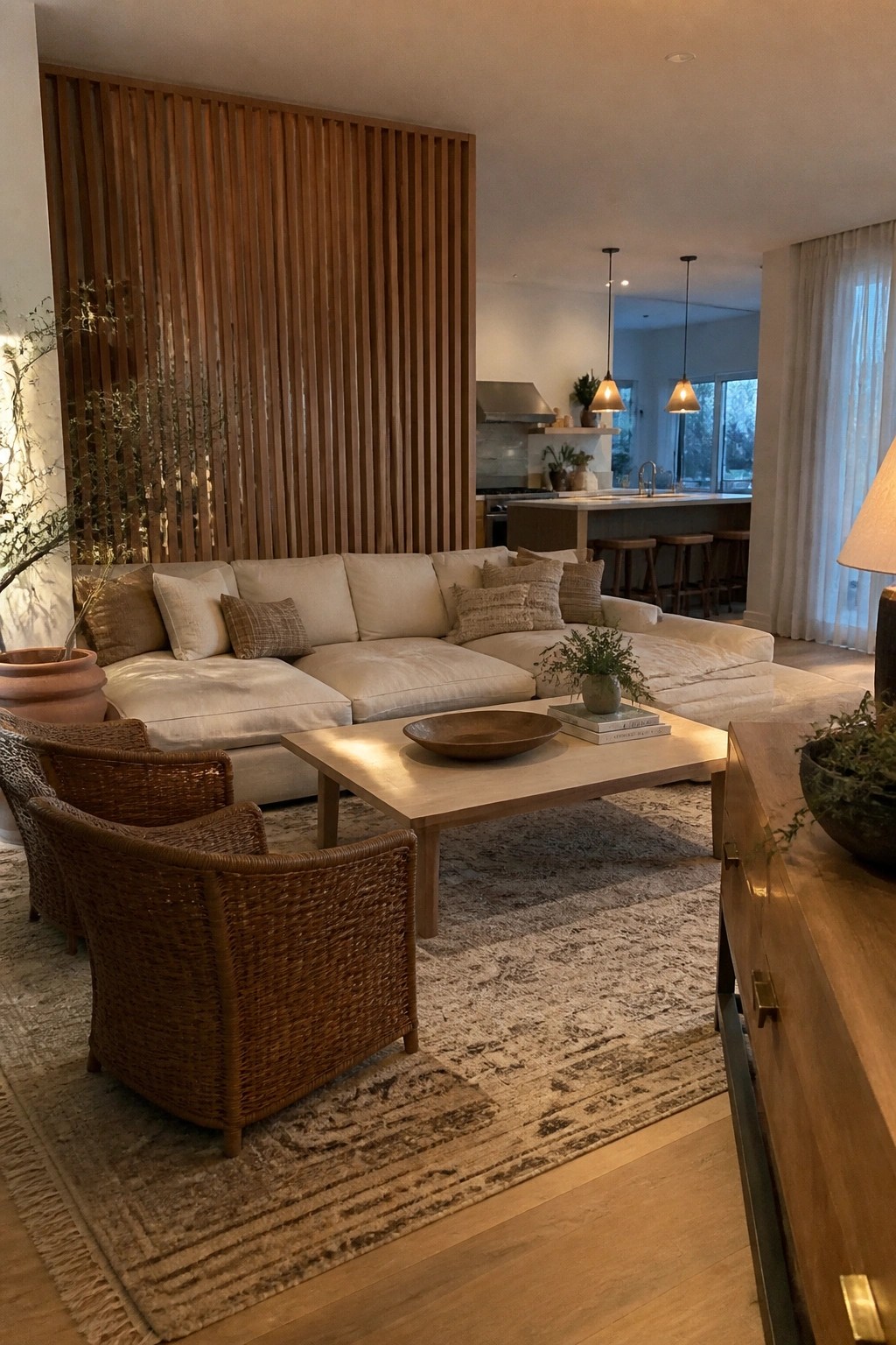 A living room featuring a light wood coffee table, two rattan armchairs, a large beige sectional sofa, and a vertical wood slat accent wall on a patterned area rug.