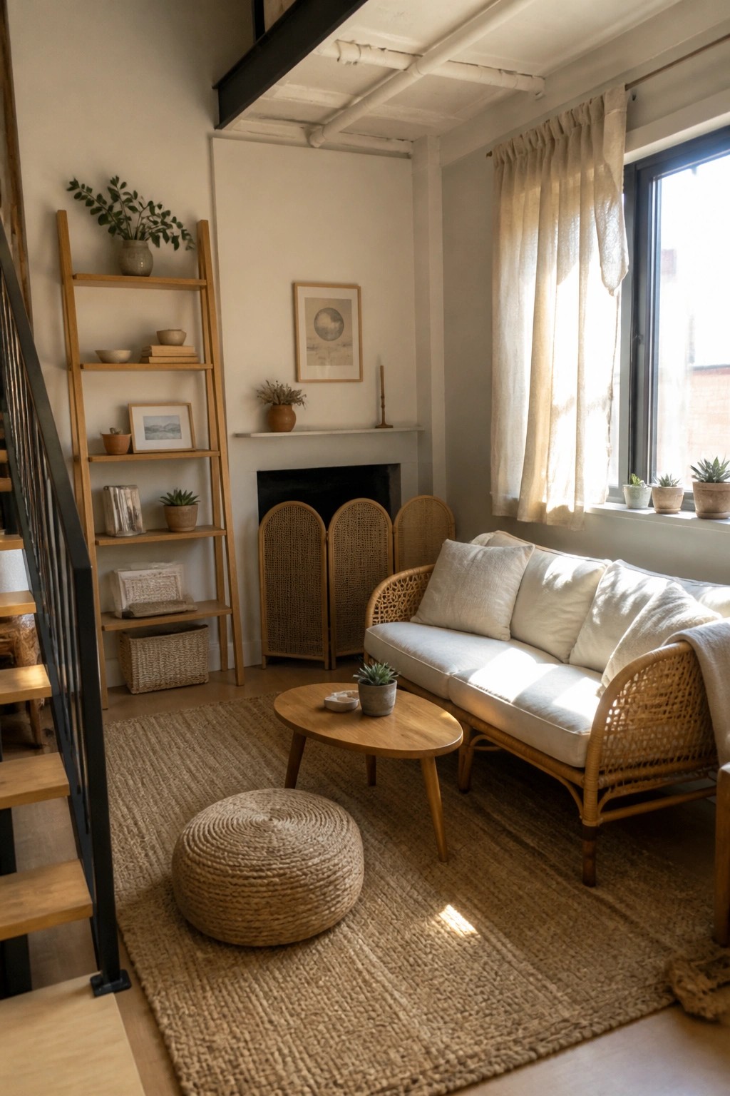 A living room with a rattan sofa, round wooden coffee table, woven floor pouf, jute rug, and wooden ladder shelf next to a fireplace.