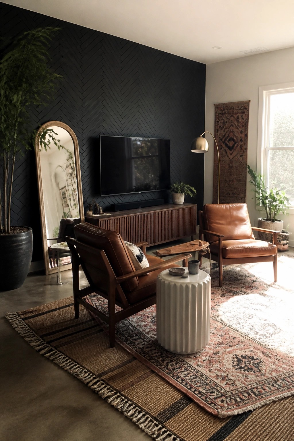 A living room with a dark herringbone accent wall behind a television, two brown leather armchairs, layered rugs, and several potted plants.