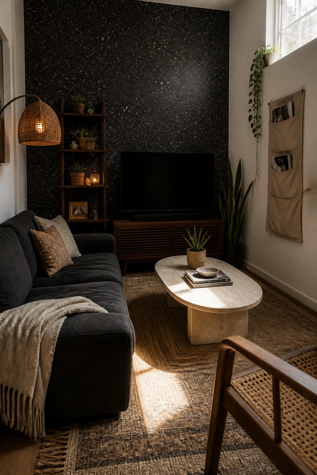 Cozy living room with dark sofa, marble coffee table, TV, plants, and sunlight.