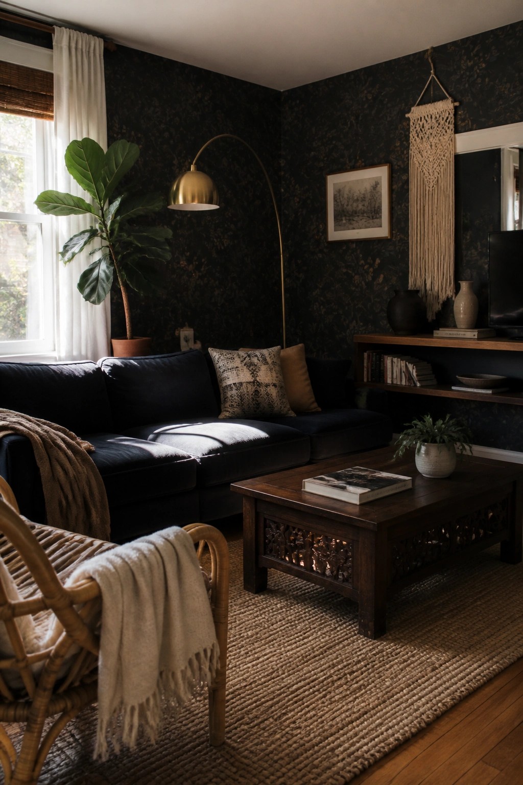 A living room featuring dark patterned wallpaper, a navy sofa, a wooden coffee table, and a large potted fiddle leaf fig plant beside a window.