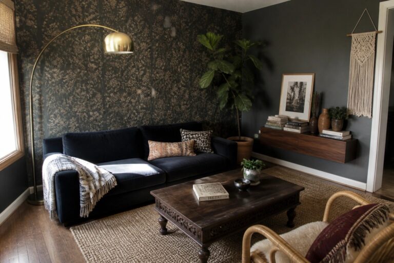 18 Rental-Friendly Dark Boho Living Room Ideas Using Removable Wall Treatments A living room featuring dark patterned wallpaper, a navy sofa, a wooden coffee table, and a large potted fiddle leaf fig plant beside a window.