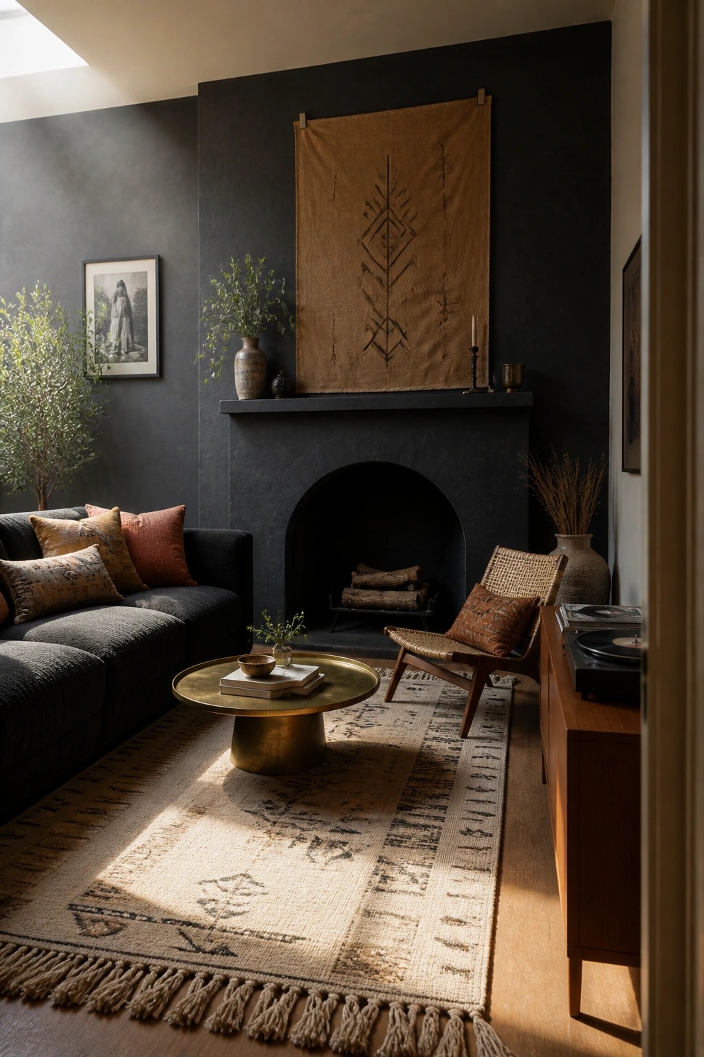 Dark living room with arched fireplace, earth-toned tapestry, brass table, and patterned rug in sunlight.