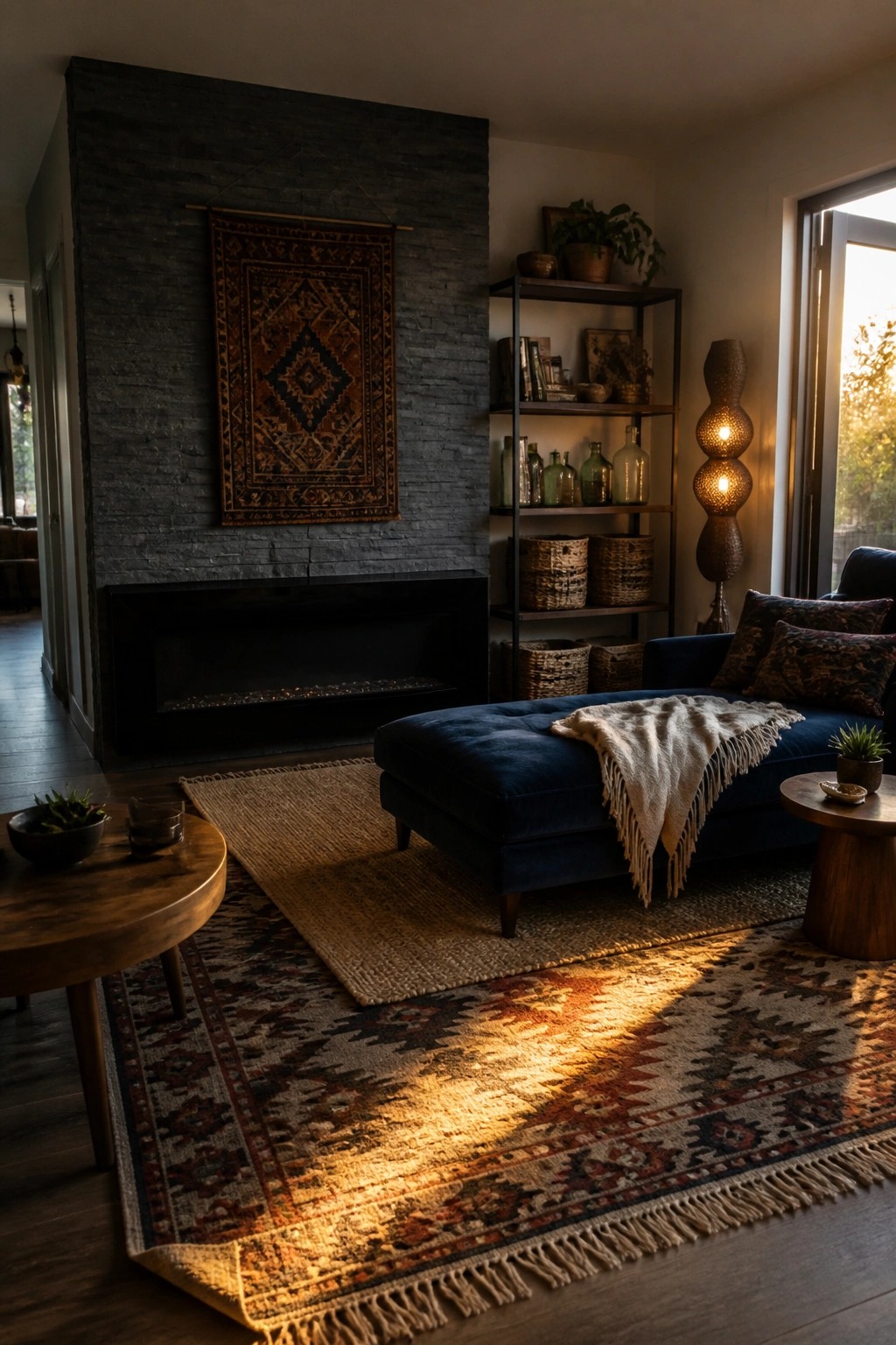 Cozy living room with blue ottoman, patterned rugs, stone fireplace, and golden sunlight beams.