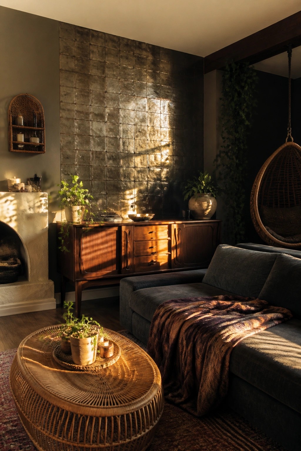 A living room featuring a large metallic square tile accent wall behind a wooden console, a dark gray sectional sofa, and a round wicker coffee table in warm sunlight.
