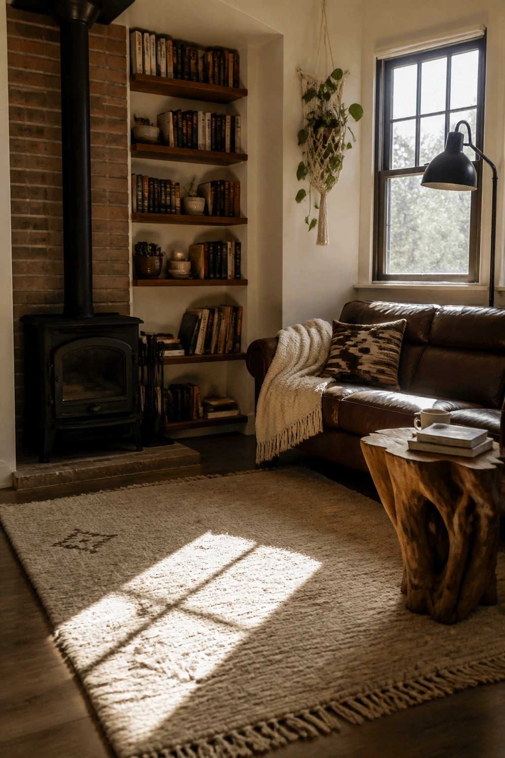 A living room corner with built-in wooden bookshelves beside a black wood stove, a brown leather sofa, and a large light rug on the floor.