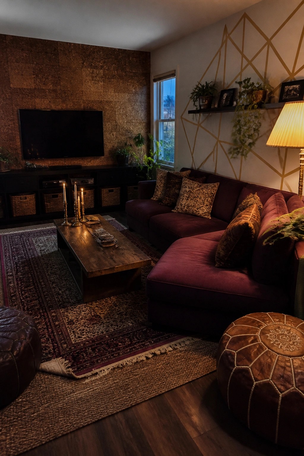 A living room featuring a dark purple sectional sofa, wooden coffee table on layered rugs, and a wall with gold geometric line patterns.