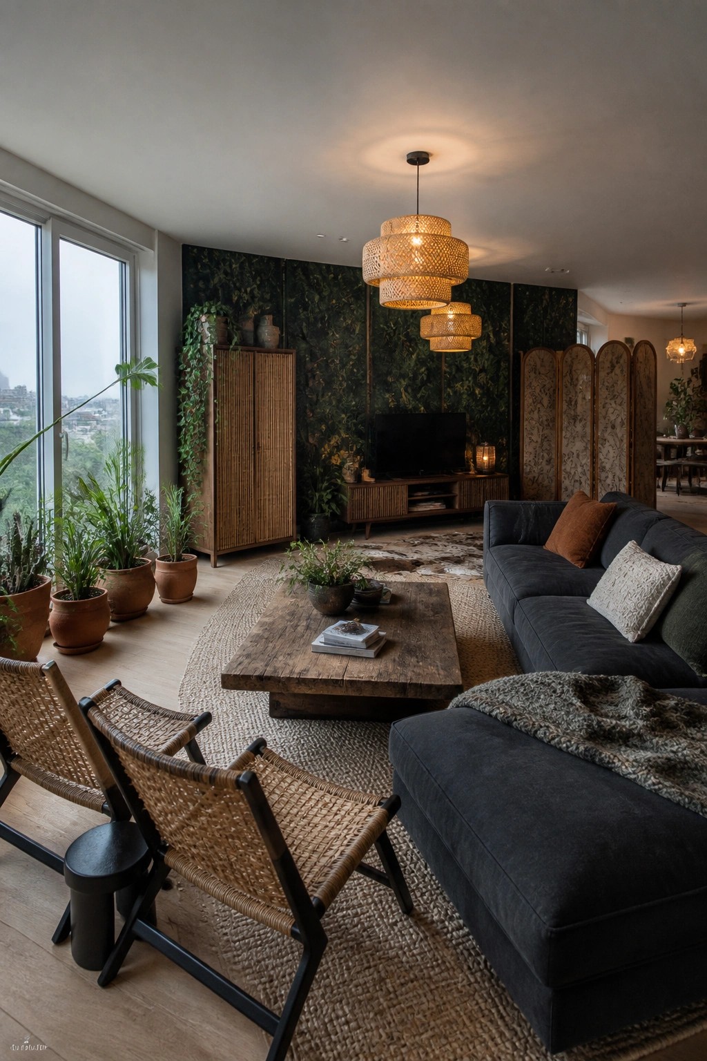 A living room with a dark green leaf-patterned wallpaper accent wall, dark sectional sofa, wooden coffee table, woven chairs, and large windows.