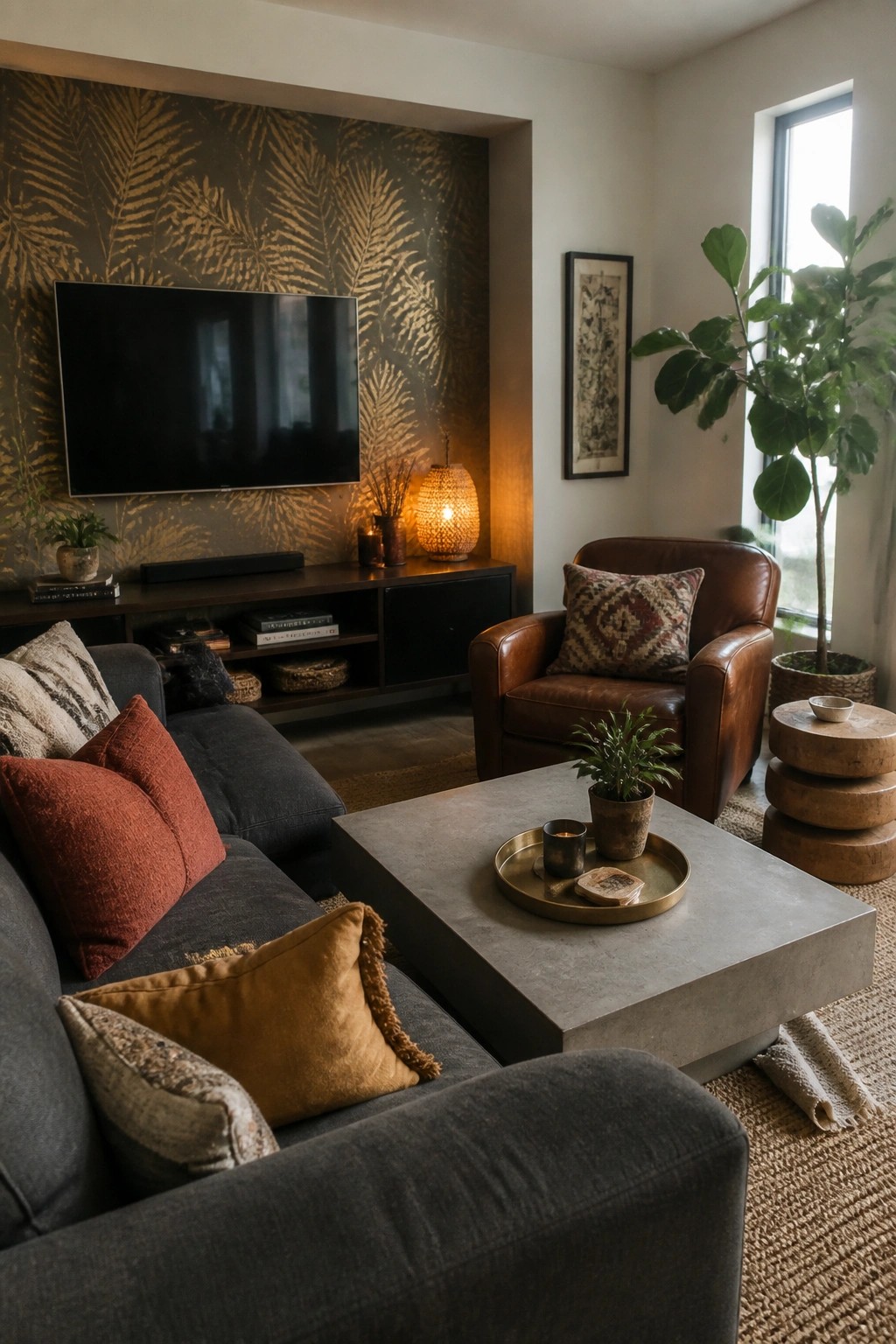 A living room featuring a dark gray sectional sofa with rust and mustard pillows, a brown leather armchair, a concrete coffee table, and a television on a dark wall with gold fern patterned wallpaper.