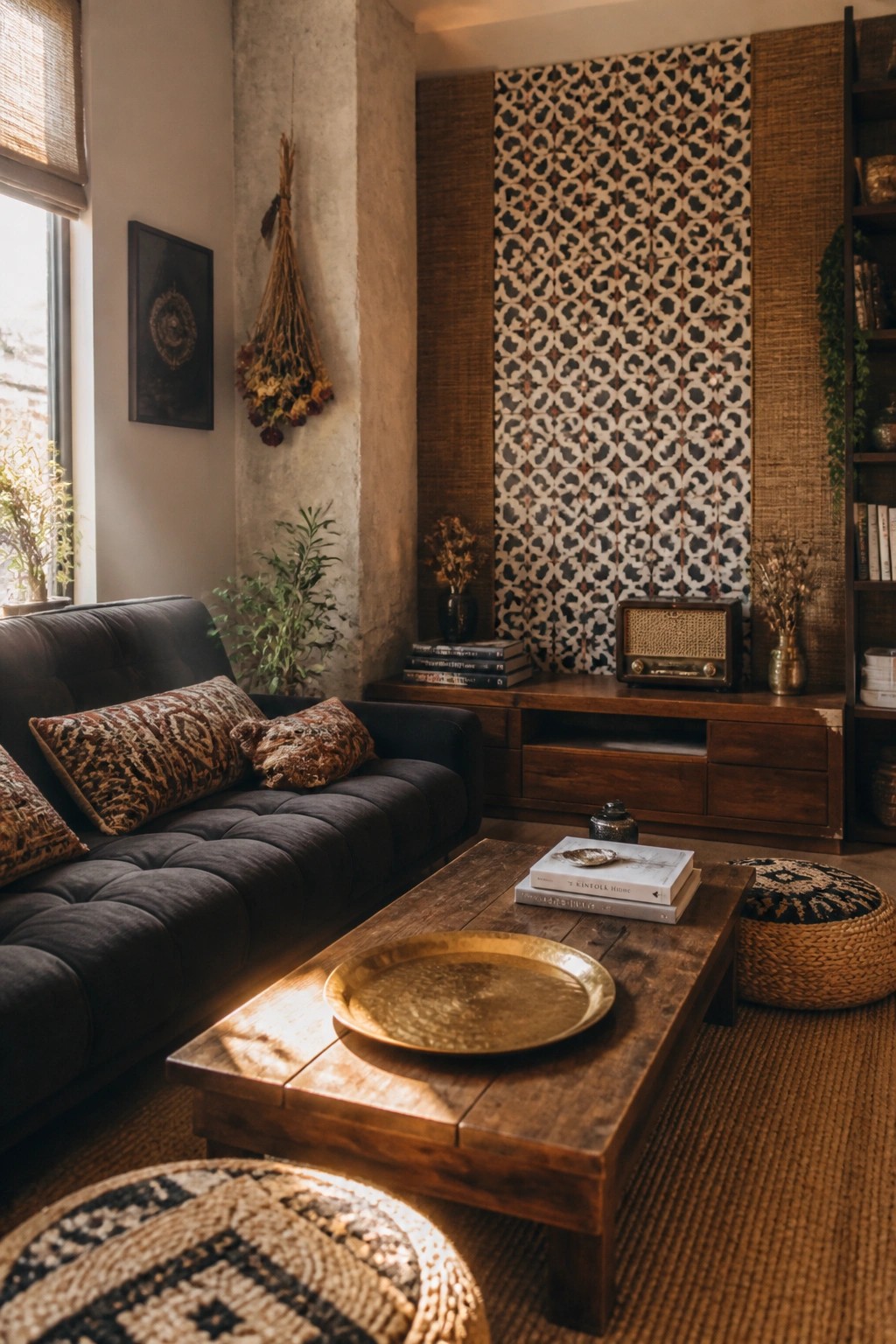 A living room with a dark sofa, wooden coffee table, and a large patterned wall panel above a wooden media console.