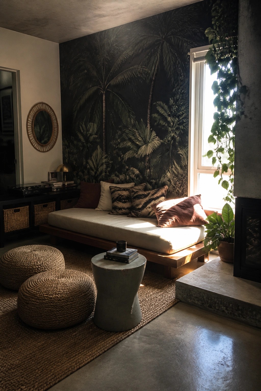 A living room with dark palm tree wallpaper behind a low daybed, woven poufs on a jute rug, and a window with hanging plants.