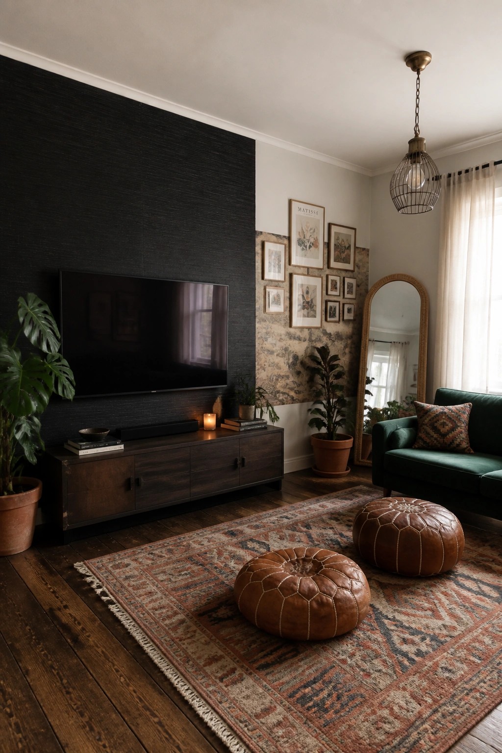 A living room featuring a black textured accent wall behind a television, a dark wood console with books and a candle, two brown leather poufs on a patterned rug, and a green sofa in the corner.