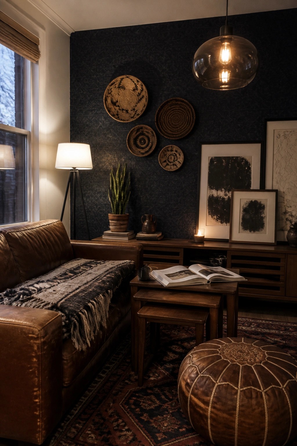 Cozy living room with leather sofa, wooden tables, leather pouf, and woven wall baskets