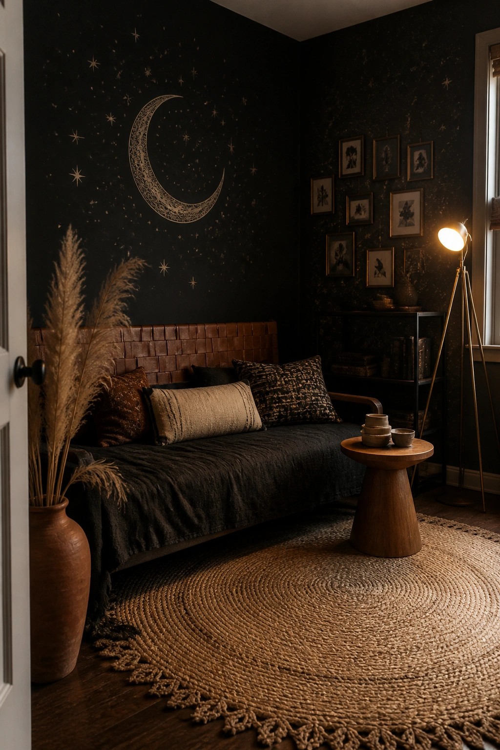 Dark celestial room with crescent moon mural, daybed, jute rug, and floor lamp.