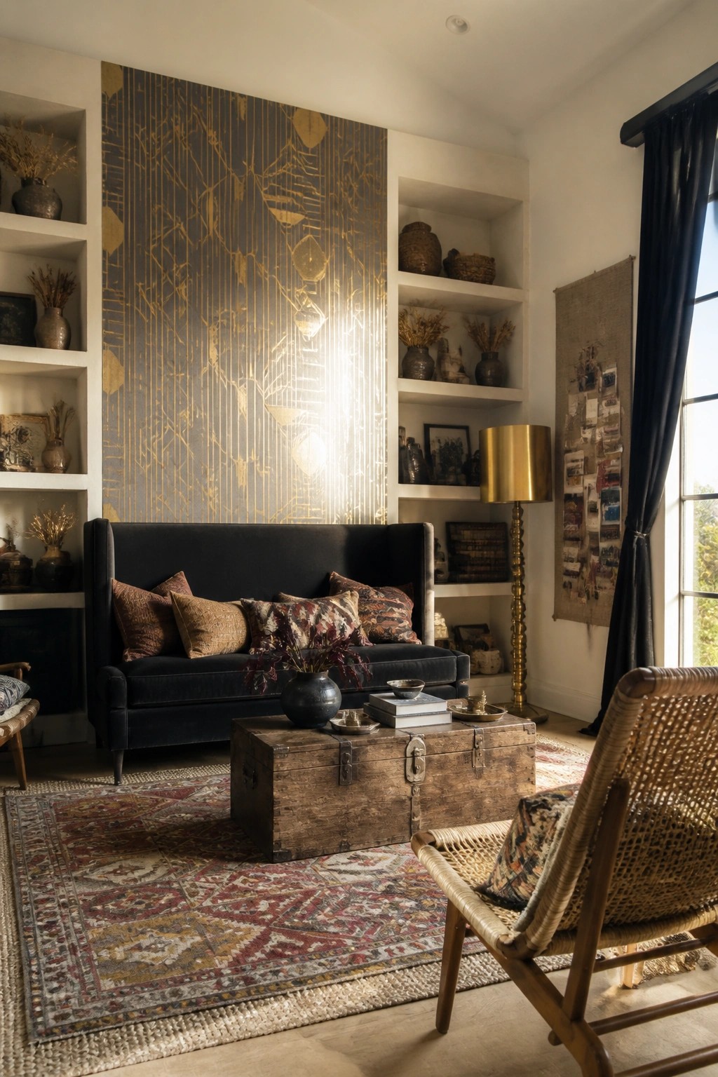 A living room with a dark blue sofa in front of a large gold-patterned wall panel, flanked by white built-in shelves and a wooden trunk used as a coffee table.