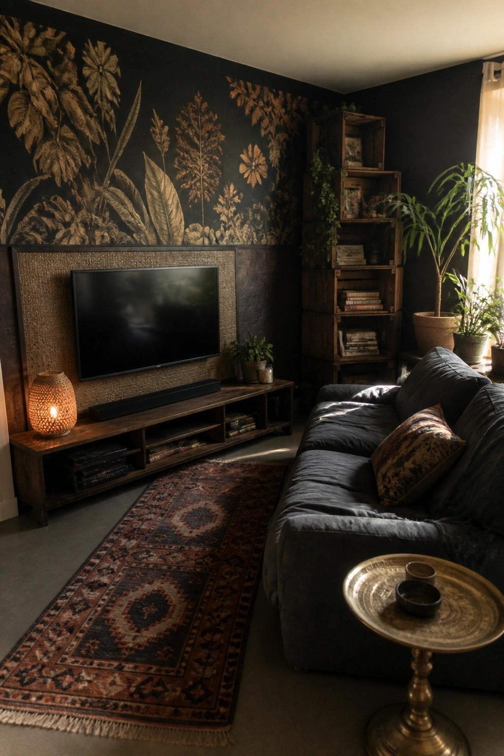 A living room features a large-scale dark floral wall treatment behind a television on a wooden console, with a gray sofa and patterned rug in the foreground.