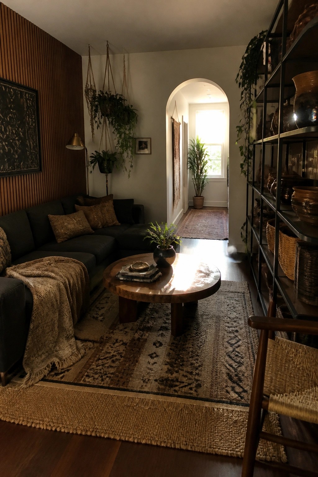Cozy living room with dark sofa, round wood table, hanging plants, and arched doorway