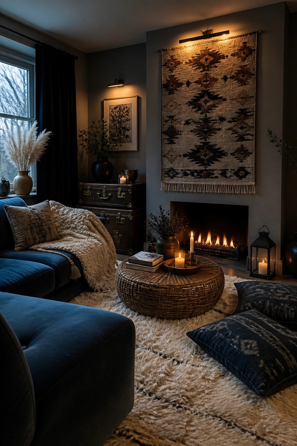 Cozy dark living room with blue sofa, woven ottoman, lit fireplace, and wall tapestry.