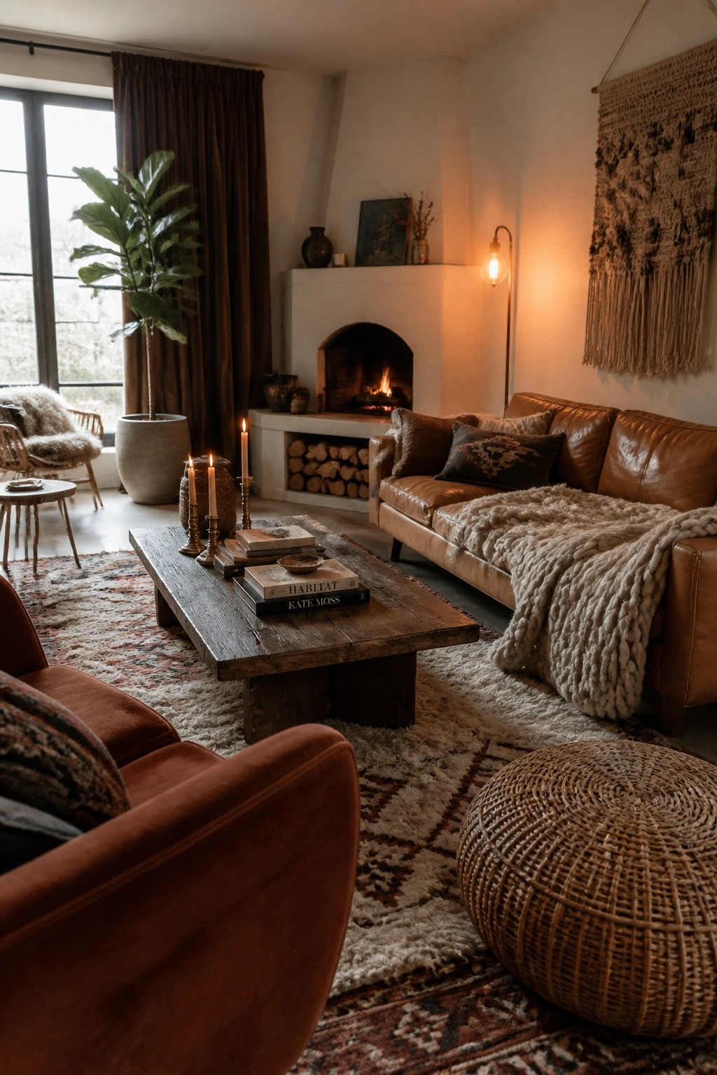 Cozy bohemian living room with leather sofa, rustic coffee table, fireplace, and macrame wall hanging