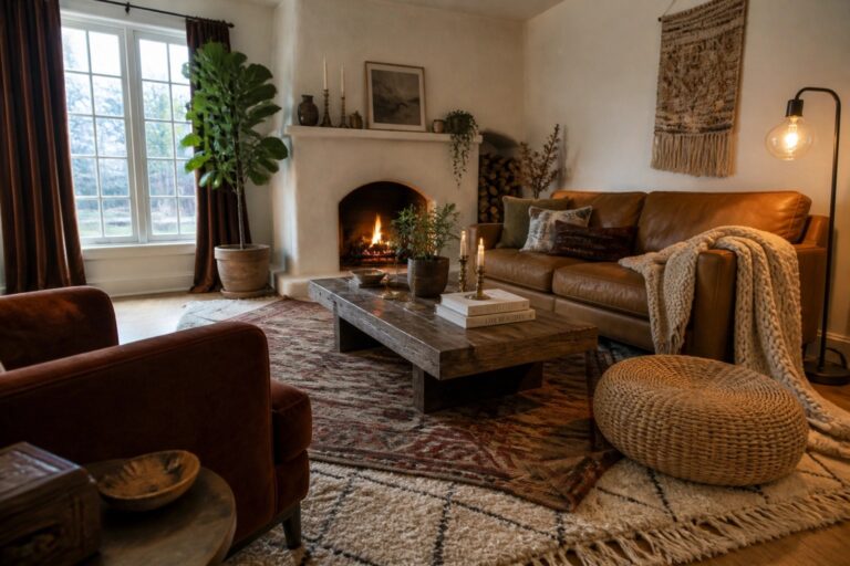 19 Cozy Boho Living Room Ideas for Winter Using Heavier Textiles Cozy bohemian living room with leather sofa, rustic coffee table, fireplace, and macrame wall hanging
