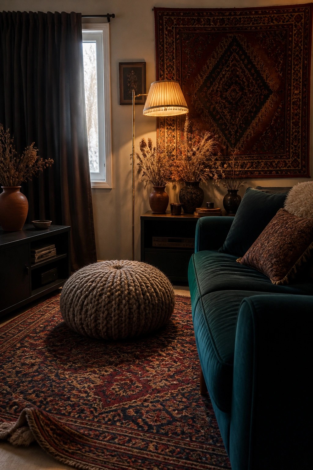 A living room corner showing a large patterned rug on the floor, a teal velvet sofa with pillows, a chunky knit pouf, a floor lamp, and dried plants in vases near a dark curtained window.