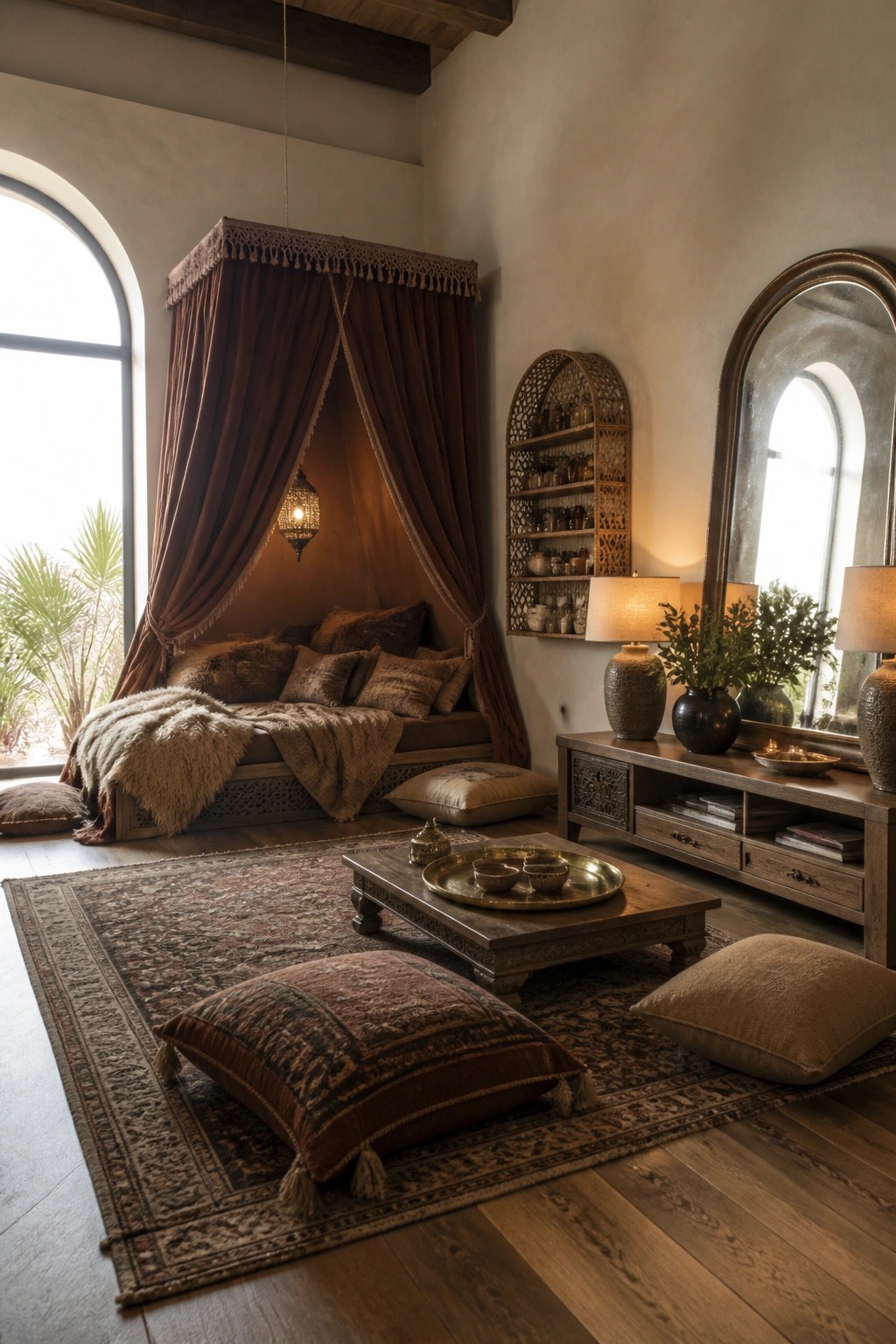 A cozy boho living room features a daybed enclosed by heavy brown curtains, with layered rugs, pillows, and a wooden coffee table on a patterned rug.