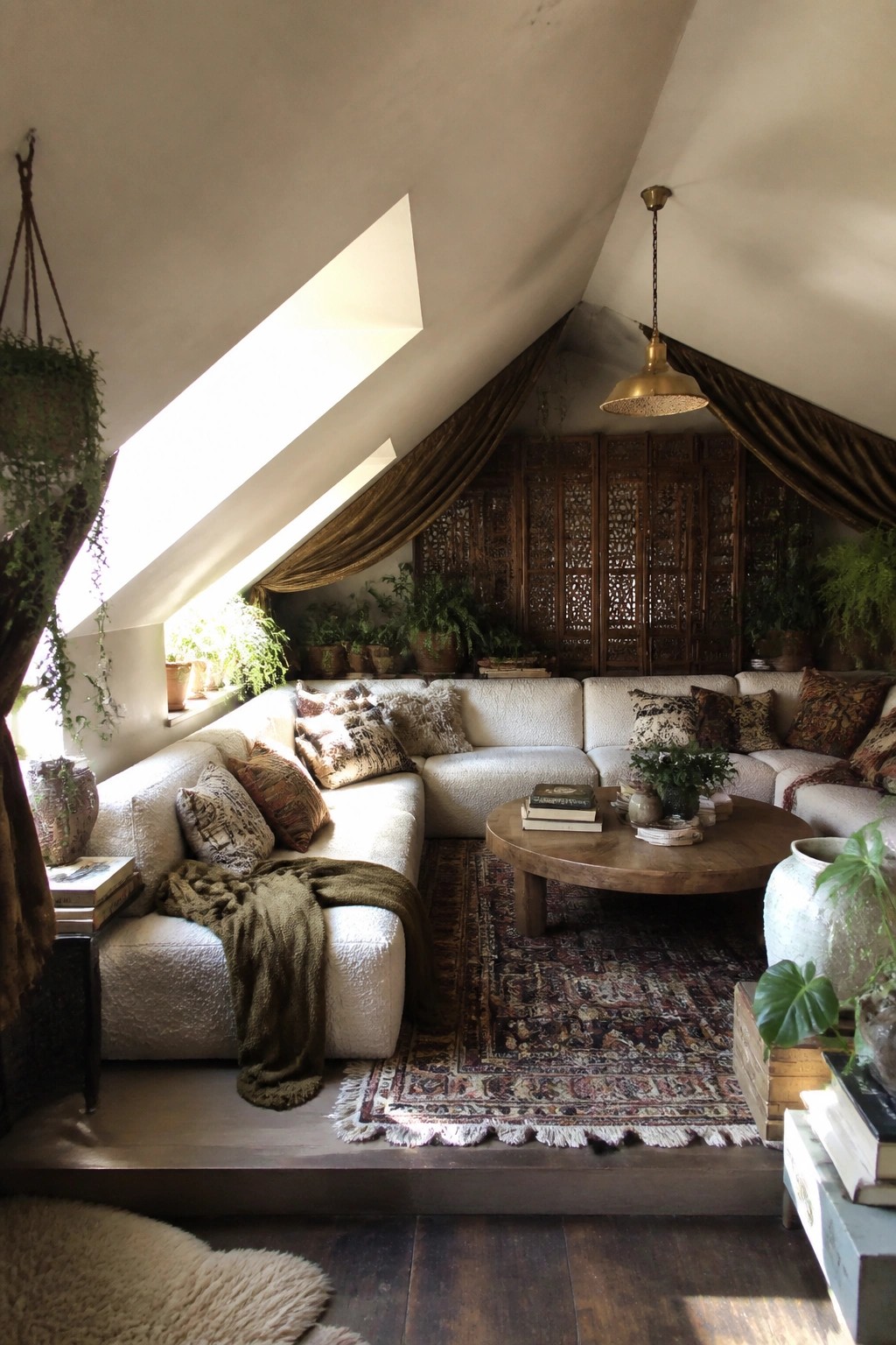 Cozy attic lounge with white sectional sofa, round wooden table, Persian rug, and lush plants.