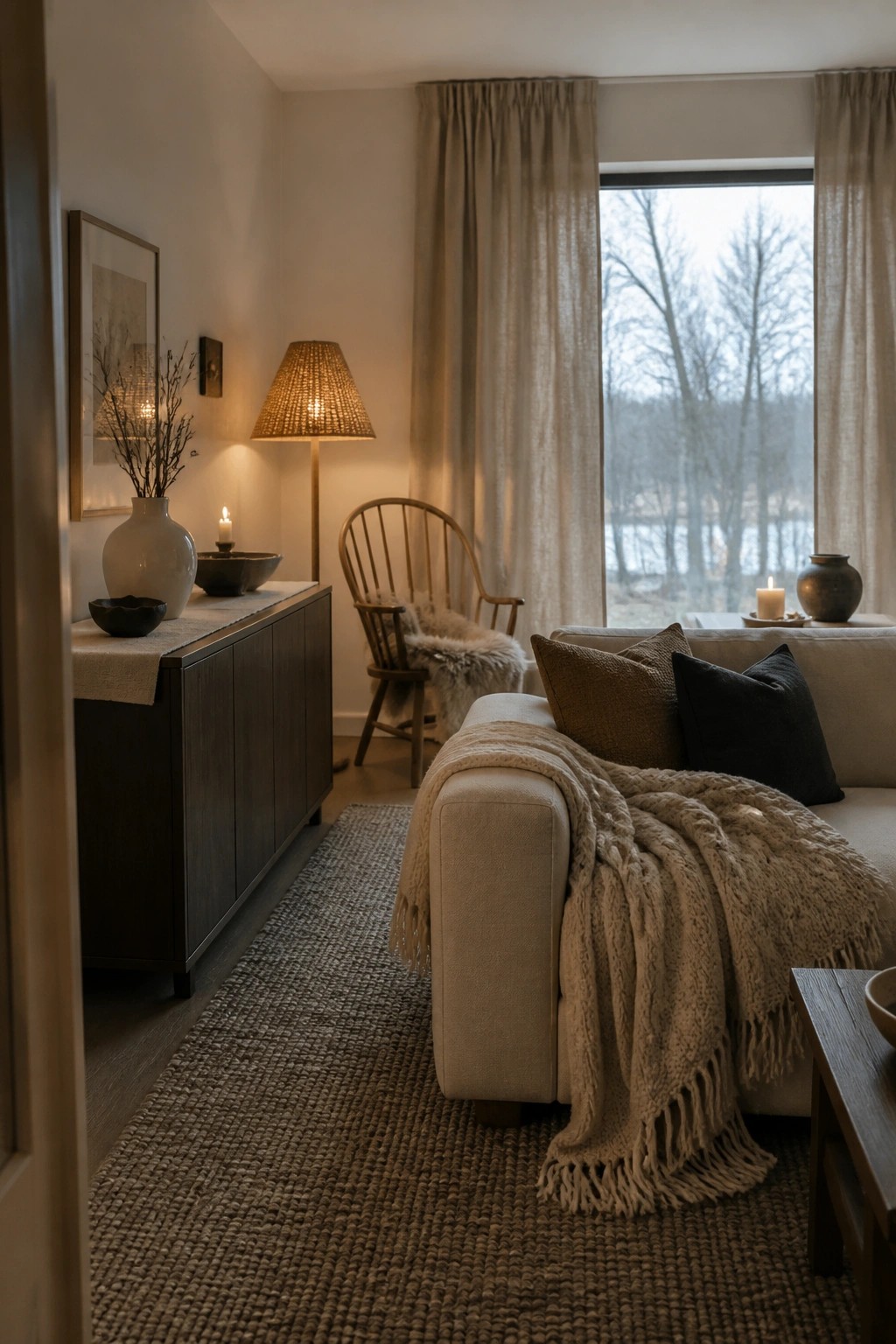 A cozy living room with a beige sofa draped in a chunky knit throw, a wooden sideboard with vases and candles, a wooden chair with sheepskin, and large windows with sheer curtains.