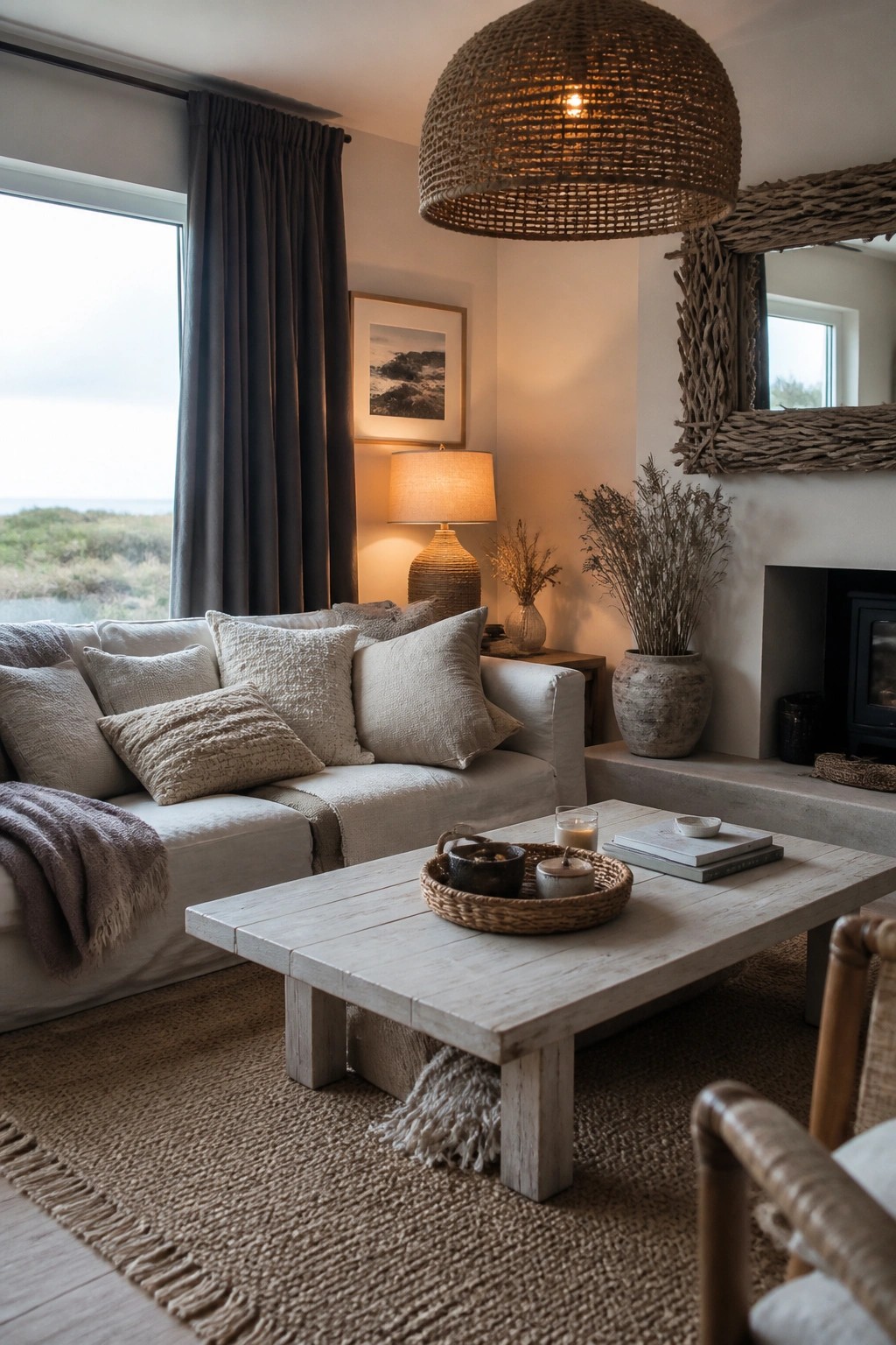 A living room with a white sofa covered in textured beige pillows, a light wood coffee table on a large woven rug, and a fireplace area with dried plants in pottery.