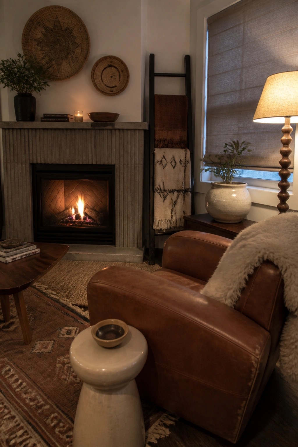 Cozy living room with brown leather armchair, lit fireplace, wooden ladder, and woven baskets.