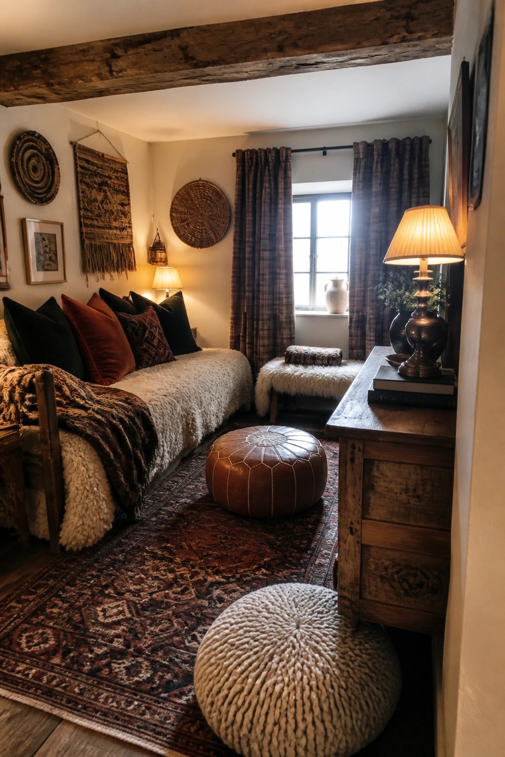 A boho living room with a daybed covered in sheepskin, a brown leather pouf, a large patterned rug, and heavy plaid curtains beside a wooden console table.