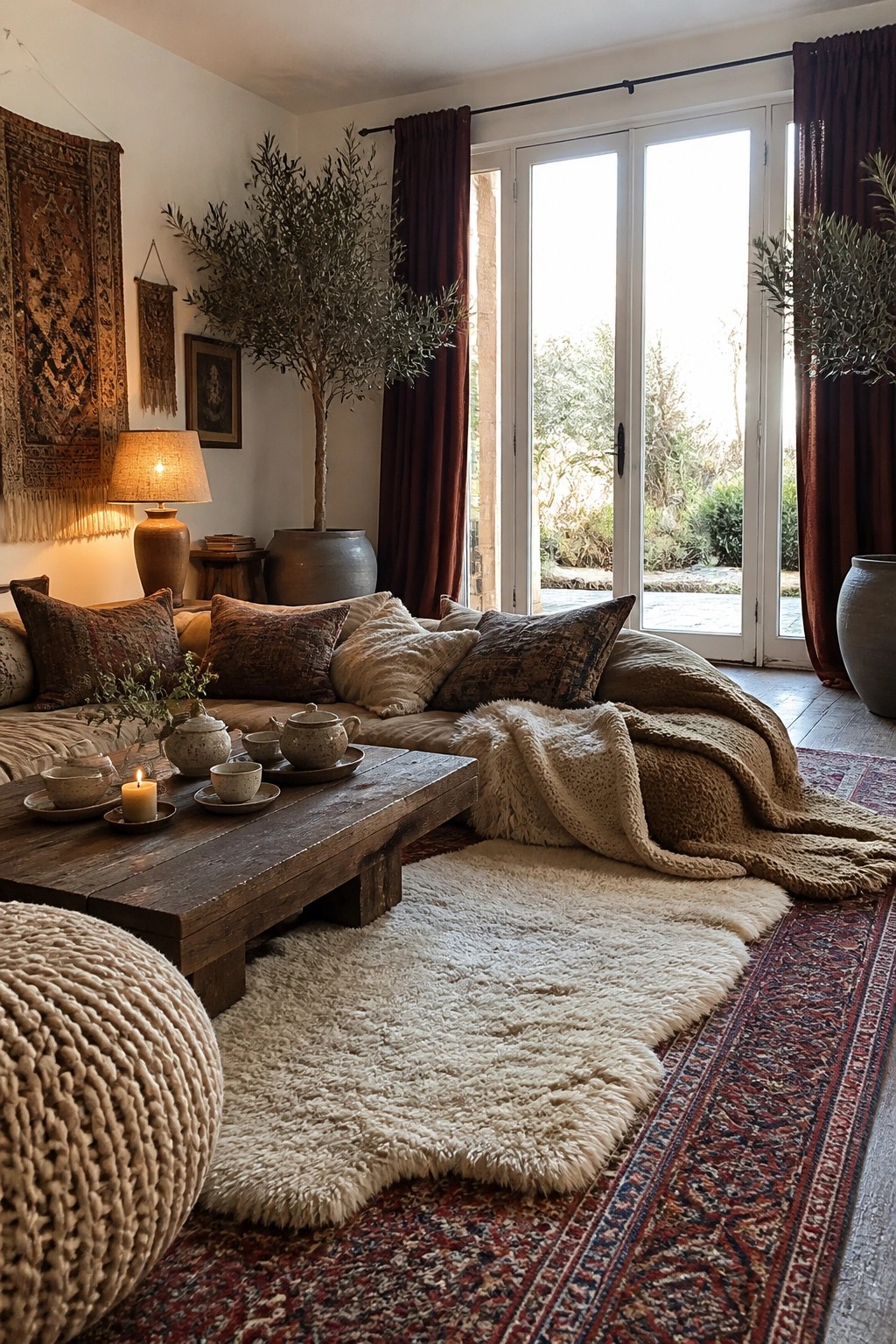 A boho living room with a large sectional sofa covered in pillows and heavy throws, a low wooden coffee table, layered rugs on the floor, and tall windows with dark curtains.