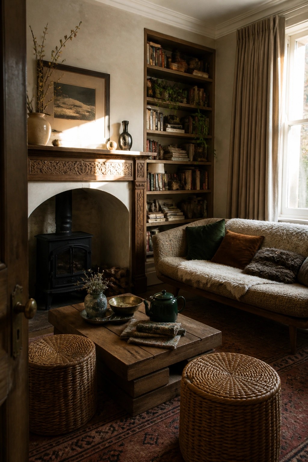 Cozy room with fireplace stove, bookshelves, fur-covered sofa, coffee table, and woven stools